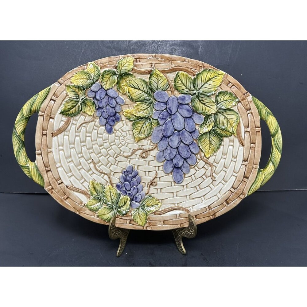 TAKAHASHI ANTIQUA Embossed Grapes Basket Weave Majolica 16" 2 Handled Platter